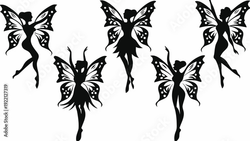 Five elegant fairies dancing with beautiful butterfly wings