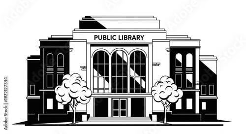 Classic Public Library Building Facade with Arched Windows.