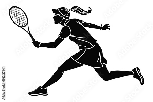 Black silhouette of female tennis player in action with racket and ponytail white