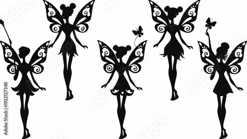 Silhouette of fairies dancing with butterflies in playful poses