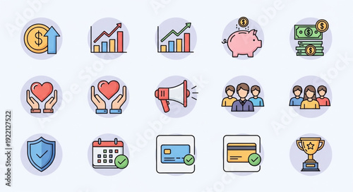 Collection of Business and Finance Icons Representing Growth and Security.