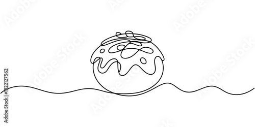 self drawing of continuous line draw stylized Japanese takoyaki ball logo label. Emblem seafood restaurant concept. Full length one line for cafe, shop or food delivery service.