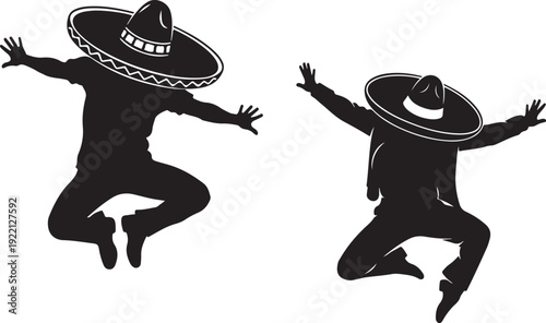 Two silhouetted figures joyfully jumping while wearing traditional sombreros