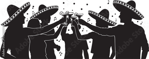Silhouettes of people in sombreros toasting with raised glasses