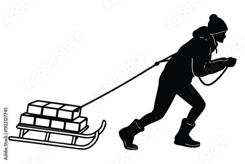 Black silhouette of person pulling sled loaded with blocks of bricks in winter attire