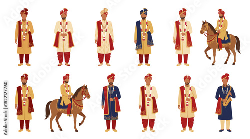 Diverse Indian Groom Full Body Character Vector Set Traditional Wedding Attire Sherwani Turban Horse Riding Asian Marriage Ceremony Male Protagonist Flat Design.