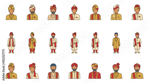 Diverse Indian Groom Avatar Character Vector Collection Traditional Wedding Attire Portraits Sherwani Turban Faces Asian Marriage Ceremony Male Protagonist Flat Illustration Set