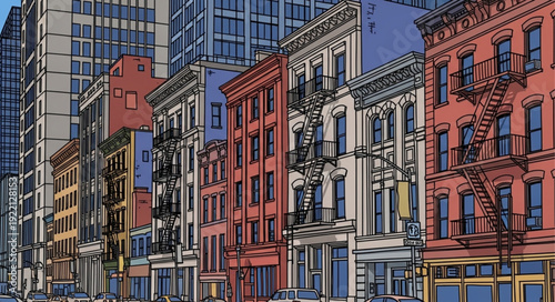 Colorful old buildings in a city street with fire escapes.