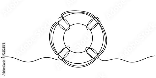 One continuous line drawing of Lifebuoy. Rescue belt and rubber ring with rope in simple linear style. Concept of support and help service. Editable stroke. Doodle contour vector illustration