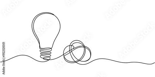 Self drawing of continuous one line art of Electric light bulb with untied knot in form of circle. Full length single line. Psychotherapy concept of solving problems is easy.
