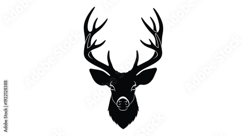 A black silhouette of a deer's head with antlers isolated on white background, Vector