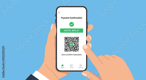 Digital wallet payment confirmation via QR code on smartphone screen, secure online transaction