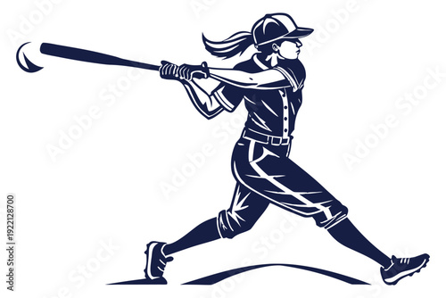 Female softball player in navy uniform swinging bat at ball in action pose baseball female athlete woman
