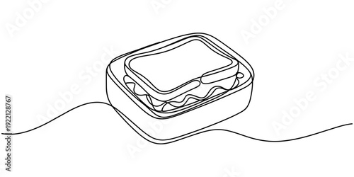 Lunchbox with a Sandwich continuous one line drawing, Single one line drawing hand holding lunch box. Healthcare at office concept. Continuous line draw design graphic vector illustration.