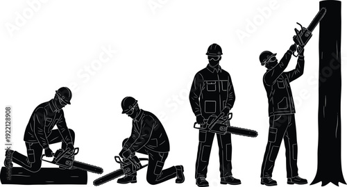 Black silhouettes of forestry workers using chainsaws to cut logs and trees, professional lumberjack industrial labor set isolated on white,