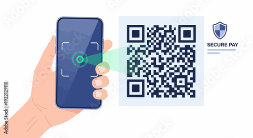 Hand scanning QR code for secure payment with smartphone, online transaction concept