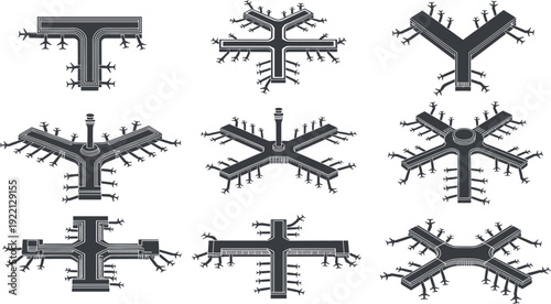 Airport runway taxiway top view set with airplanes and terminal intersections vector illustration