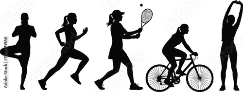 Active women fitness silhouettes set yoga running tennis cycling stretching healthy lifestyle vector
