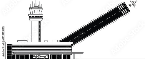 Airport terminal and control tower with runway airplane takeoff vector illustration silhouette