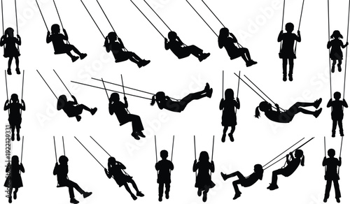 Children playing on swings silhouette set kids outdoor playground activity vector collection isolated
