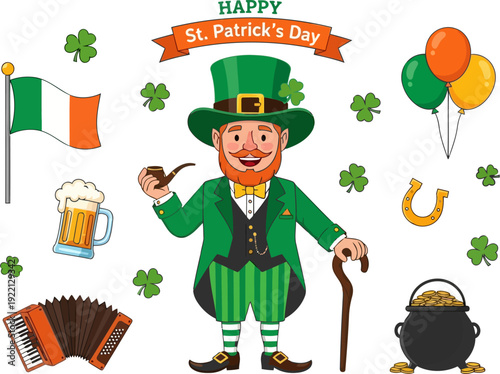 Smiling green leprechaun with hat and pot of gold celebrating St Patricks Day with shamrocks and beer in a fun Irish holiday illustration