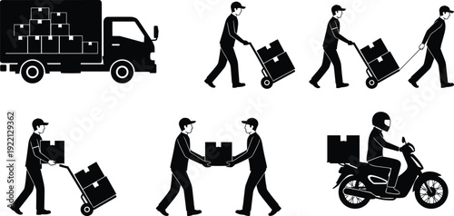 Delivery service workers and truck silhouette courier logistics shipping vector illustration collection