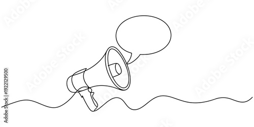 One continuous line drawing of loudspeaker bullhorn with speech balloon. Megaphone speaker symbol of marketing promotion in simple linear style. Hiring and job offer concept. Vector illustration