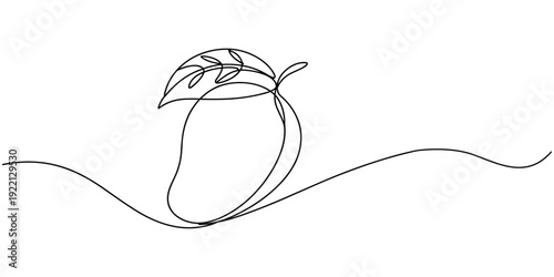 Continuous one line drawing of mango. Doodle vector illustration, Continuous one line drawing of mango fruit with leaf. Mango fruit hand drawn single line art vector illustration, Continuous line draw