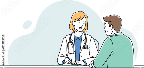 Female doctor consulting male patient at clinic desk, healthcare checkup and medical consultation concept showing professional care and diagnosis in modern flat line illustration style