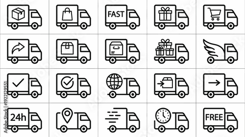 Delivery Truck Vector Icons | Shipping, Logistics, E-commerce, Fast Service, Global Transport, Package, Free Shipping, Minimalist Line Art, Editable Vector Set, Modern Graphics Collection