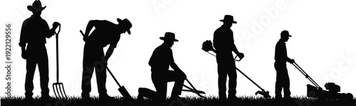 Gardeners and Farmers Working with Tools Lawn Mower and Trimmer Silhouette Collection Vector