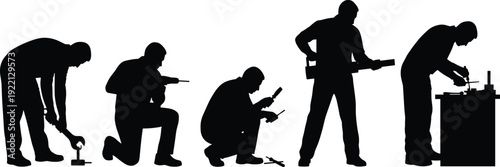 Black silhouettes of professional craftsmen using tools, construction workers, mechanics repairing with drill and wrench, manual labor set isolated on white,