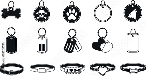 Black and white dog collar and pet tag icon set with bones paws hearts, flat vector accessories for pets, animal identification, safety, and design projects