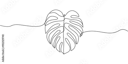 Elegant monstera leaf continuous one line minimalist art design, Hand-drawing one continuous line art of tropical monstera leaves. one line Icon drawing with white background