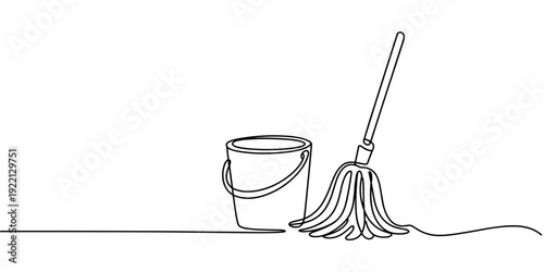 Continuous one line drawing of mop and bucket. Cleaning concept. Simple vector illustration, Single line draw design vector graphic illustration. Cleaning tools one line colored continuous