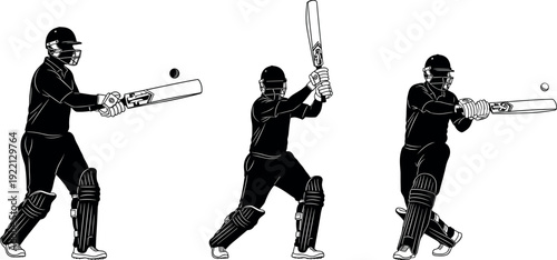 Black and white vector illustration of cricket batsman playing shots, sports action silhouettes showing batting techniques, isolated athlete figures, minimal flat design style
