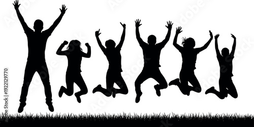 Black and white silhouette of happy people jumping together, group celebration and freedom concept, teamwork, success, joy, unity, energetic lifestyle, isolated minimal vector illustration