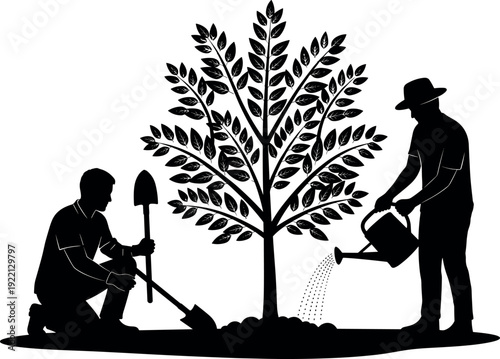 Black and white vector illustration of people planting and watering a tree, teamwork gardening concept, environmental care, nature conservation silhouette, sustainable lifestyle flat design