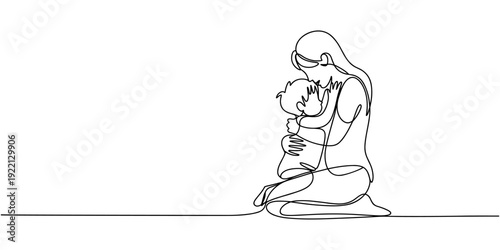 mother kneeling on floor hugging her son continuous one line drawing, continuous single line drawing of mother kneeling on floor hugging her son, line art embracing their