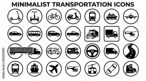Transportation Vector Icons Collection | Pedestrian, Bicycle, Scooter, Train, Bus, Airplane, Ship, Rocket, Submarine, Helicopter | Minimalist Line Art, Editable Vector Set, Modern Graphics