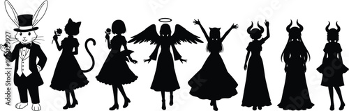 Halloween Character Silhouette Set with Rabbit Cat Girl Angel and Devil Costume Collection