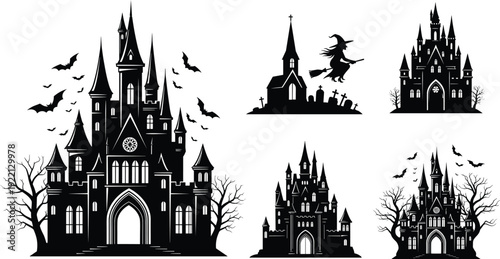 Haunted Gothic Castle and Witch Silhouette Collection Halloween Spooky Architecture Vector Set Isolated on White