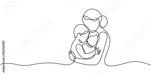 Mother and baby in continuous one line drawing. Mothers day celebration concept in single line art illustration. Editable vector, mother and baby image on Mather day Mather and his two children of pro