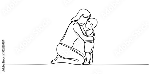 mother kneeling on floor hugging her son continuous one line drawing, continuous single line drawing of mother kneeling on floor hugging her son, line art embracing their