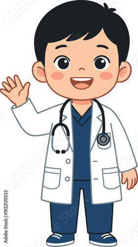 Cute cartoon doctor boy waving hand, friendly pediatric physician character with stethoscope isolated on white background illustration