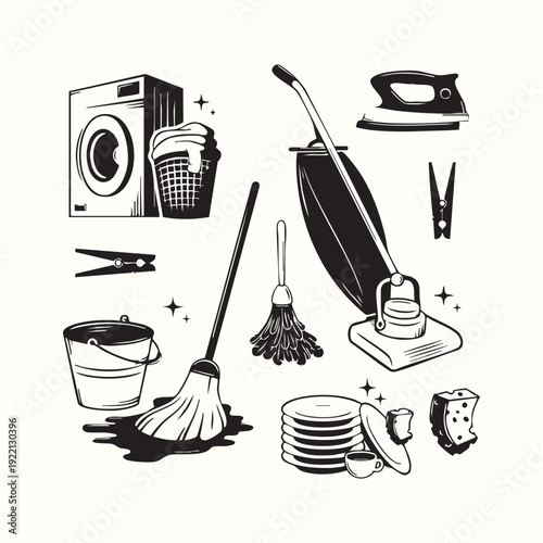 Vector illustration set of household appliances icons and kitchen cooking symbols featuring a collection of pot, pan, fork, knife, spoon, and coffee cup silhouettes for restaurant and food signs