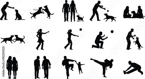 Black silhouettes of people playing with dogs, martial arts training, stretching, family walking pet, diverse lifestyle poses set isolated on white,
