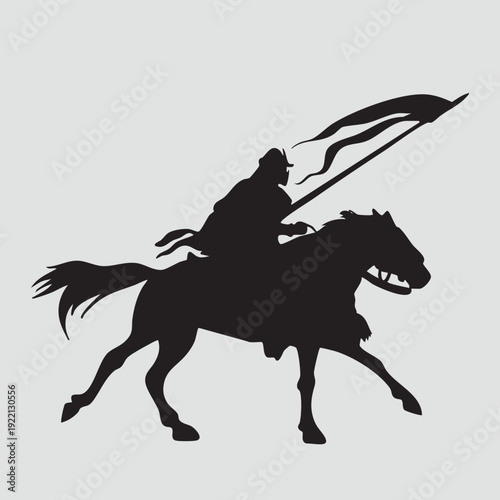 Black silhouette vector illustration of a professional equestrian jockey riding a horse at a fast gallop isolated on white