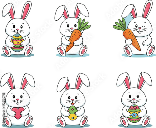 Six adorable cartoon bunnies holding easter eggs and carrots in various colorful outfits and accessories