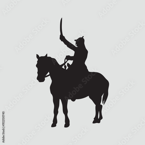 An isolated black vector illustration features the silhouette of a horse and rider performing an equestrian sport against a white background